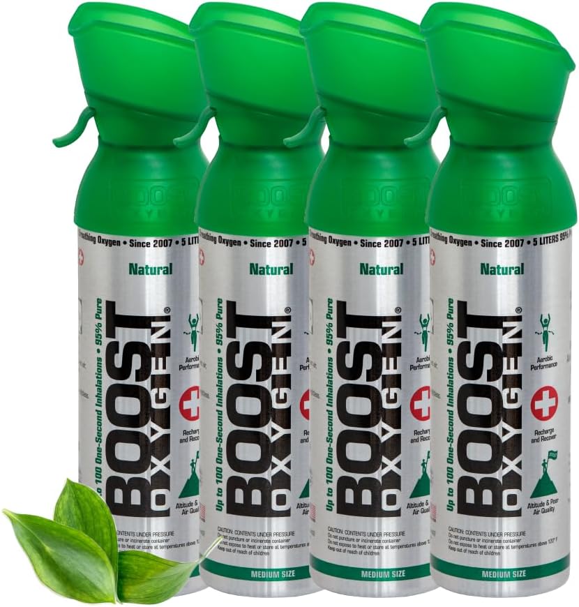 Boost Oxygen Portable Oxygen Cylinder with 95% Oxygen - 20L, 4x5L Oxygen Canister with Oxygen Mask for More Than 400 Inhalations - Portable Oxygen Can, Oxygen for Home use (Natural Flavour)