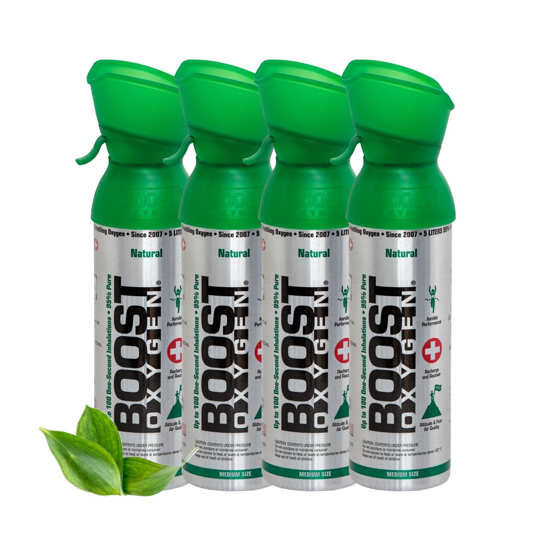 Boost Oxygen Portable Oxygen Cylinder with 95% Oxygen - 20L, 4x5L Oxygen Canister with Oxygen Mask for More Than 400 Inhalations - Portable Oxygen Can, Oxygen for Home use (Natural Flavour)