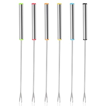 Stainless Steel Fondue Forks Set of 6, 9.5 Inch Color-Coded Fondue Forks with Heat Resistant Handle Dishwasher Safe for Chocolate Fountain, Cheese, Hot Pot, Barbecue, Marshmallows