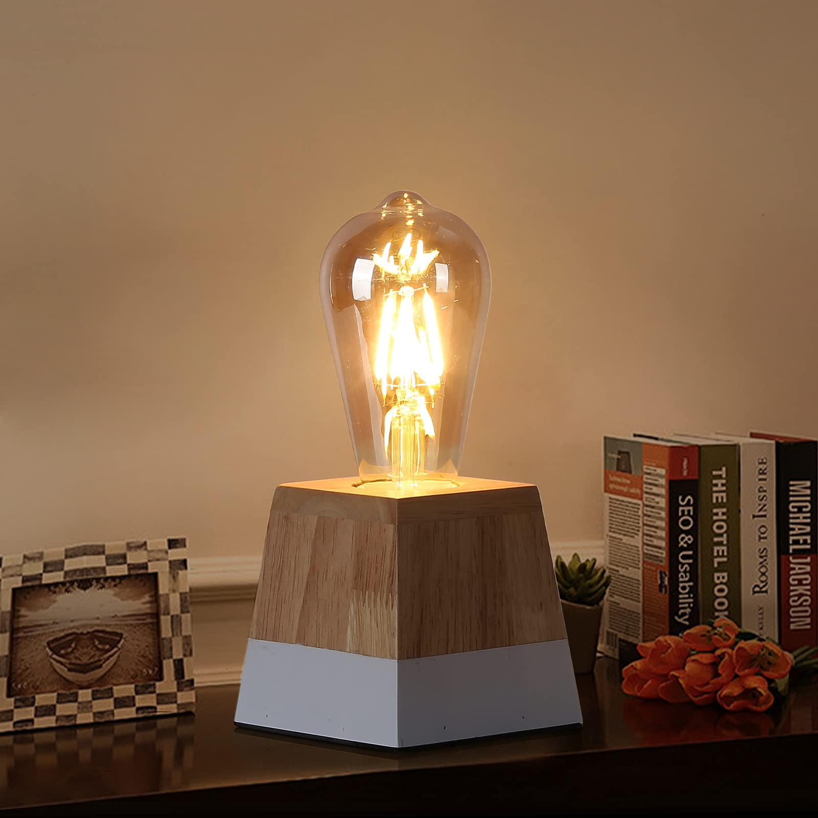 Lámpara de Mesa Madera Noche Vintage con Base Metal, Estilo Rústico Pequeña Lampara de Mesita Moderna, Luz de Escritorio de Lectura Industrial Decoración para Infantil Dormitorio, Salon, Oficina