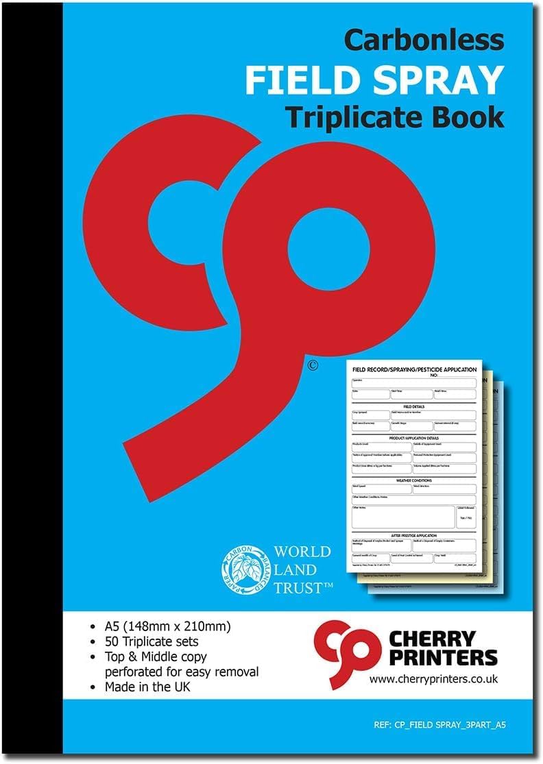 Cherry Carbonless Field Spray Triplicate Book A5, 50 zestawów | NCR | perforowana górna i środkowa kopia | wyprodukowano w Wielkiej Brytanii, profesjonalna podkładka do opryskiwania polowego i | Wspiera zgodność z przepisami dotyczącymi obróbki roślin i