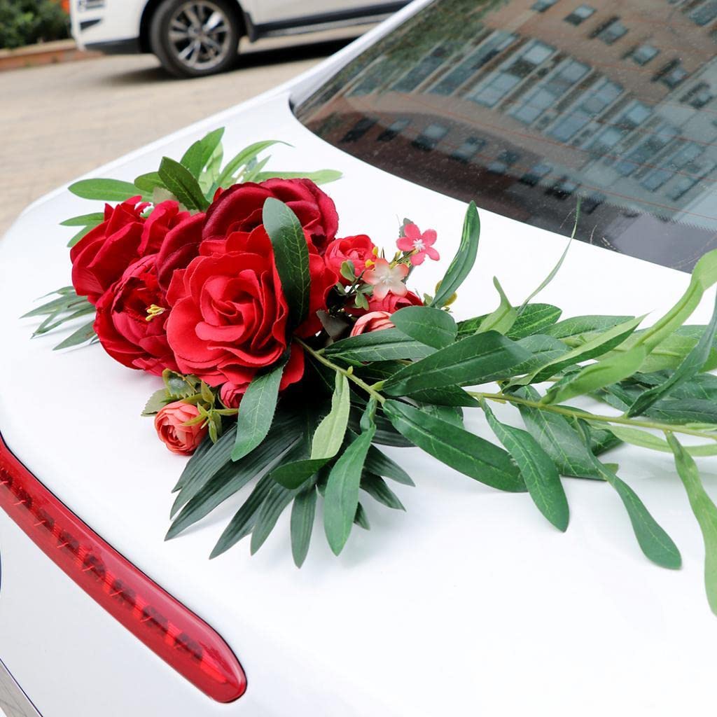Romantisches Hochzeitsauto Dekorationsset mit 9 Teilen Zum Selbermachen: Kranz Aus Künstlichen Seidenblumen, Bänder Und Schleifen, rot