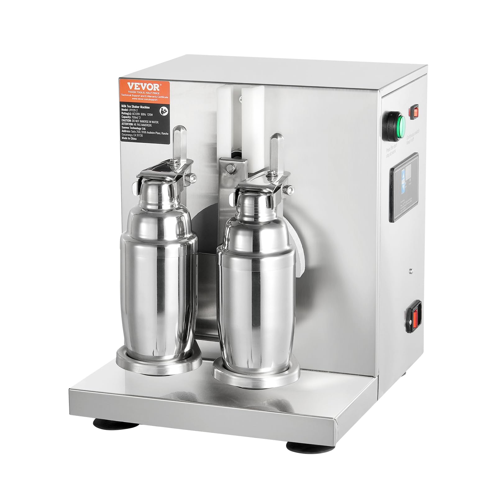 VEVOR Batteur Mixeur à Milkshake Commercial, Appareil à Thé au Lait Électrique 120 W, Mélangeur à Boissons Double Tête, Réglable 0-180 s, avec Tasse Inox 750 mL, pour Magasin de Thé au Lait Bar Café