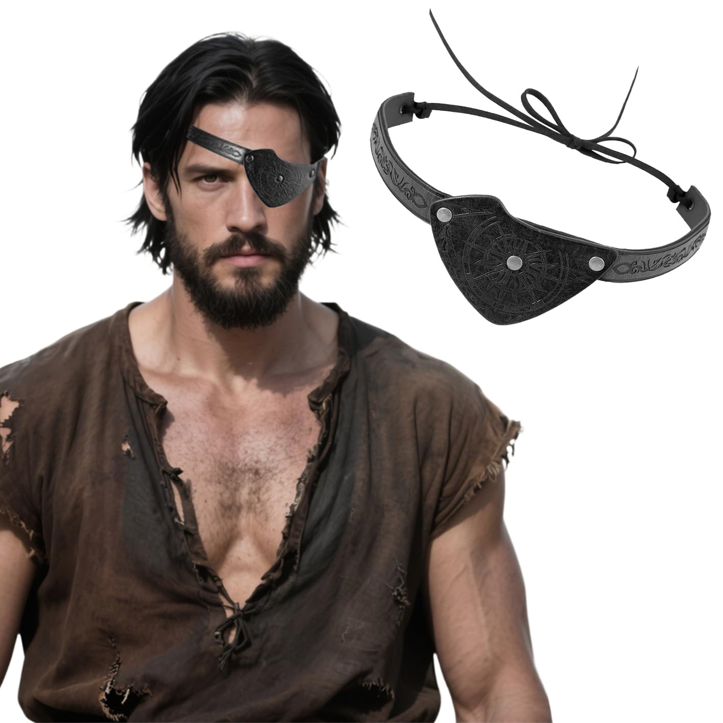 XINGYAOGJ Medieval Pirate Embossed Eye Patch Vintage Faux Leather Eyepatch Renaissance Viking Single Eye Cover Halloween Pirate Captain Eye Blindfold Cosplay Costume Accessory