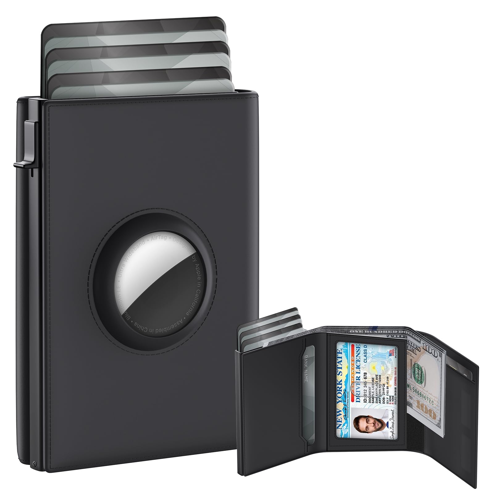 AirTag Wallet [Top Grain Leather] Smart Pop Up Air Tag Wallet [Quick Access] RFID Blocking Minimalist Wallet for Men Up to 11+ Cards (AirTag Not included)(Black)