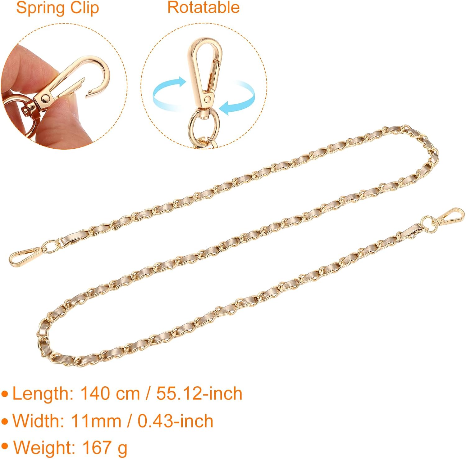 uxcell Purse Chain Strap, 55 Inch Leather Iron Flat Chain Handbag Chains Purse Straps with Buckles for Shoulder and Cross Body Bags (Gold Strap + Gold Chain) - Image 2