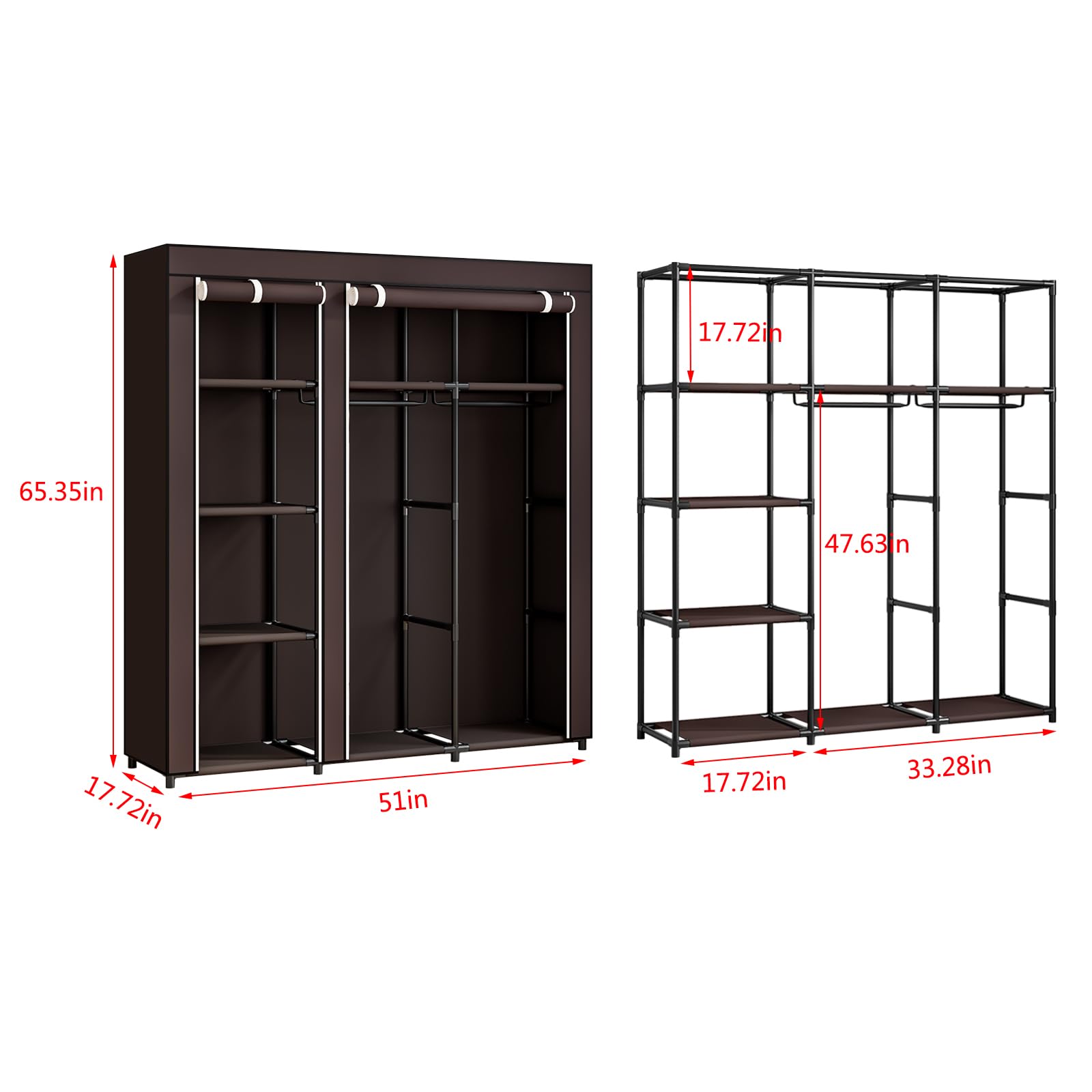 SORCEDAS Tragbarer Kleiderschrank Schrank Aufbewahrung Organizer Metall Hängeregal Vliesstoff (Kaffee, 130 cm)