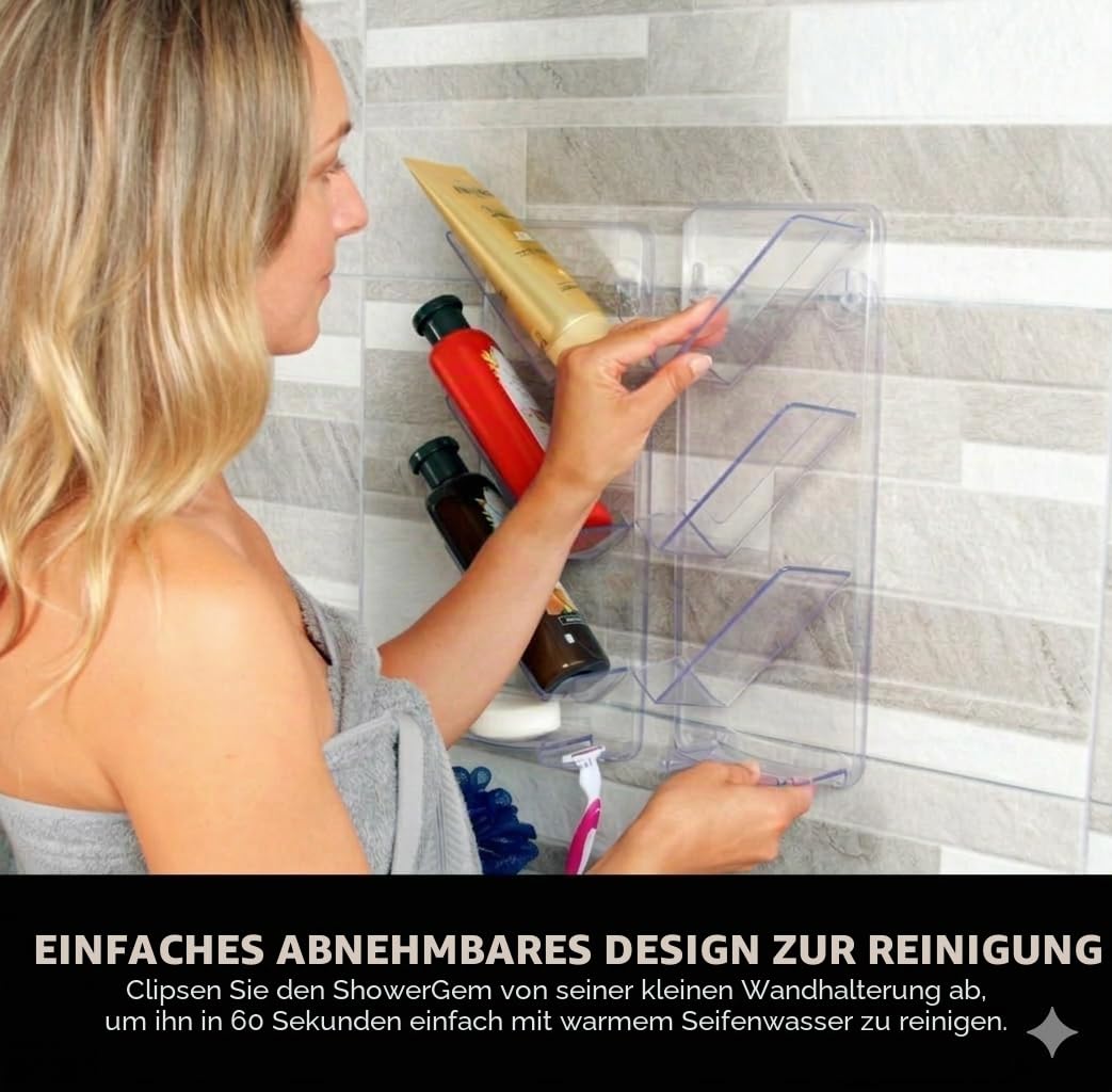 ShowerGem Acryl-Duschablage | 2er-Pack | Keine Saugnäpfe | Wandmontage mit ShowerGem-Kleber | Abnehmbar ohne Beschädigung | Leicht zu reinigender Bad-Organizer | Verstellbares Duschregal |