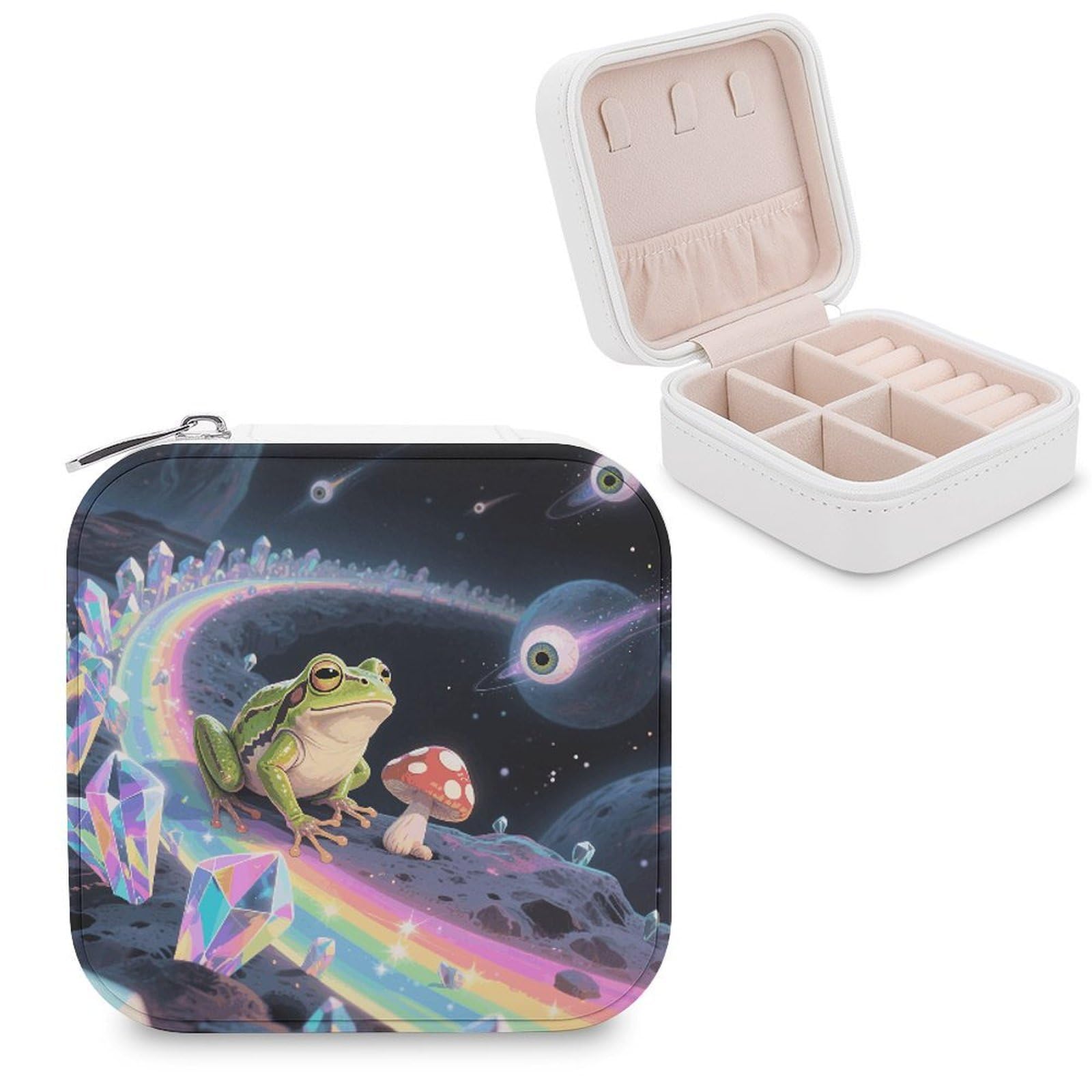 VstaDank Funny Space Frog Mushroom Jewelry Organizer Travel Case for Women With Zipper Mini Jewelry Case PU Leather Jewelrys Box for Rings Necklaces Bracelets Earring Holder Organizer Storage