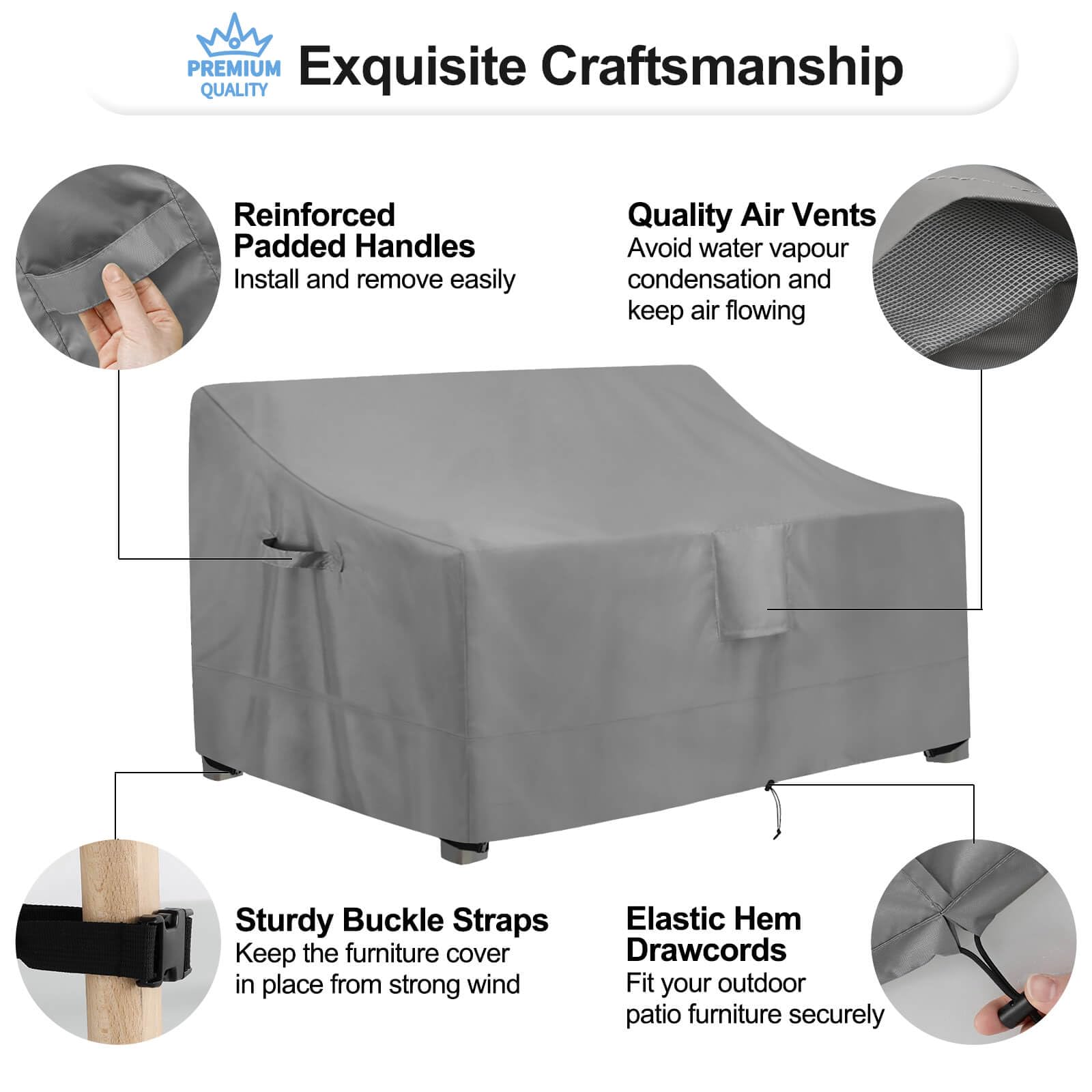 OutdoorLines Wasserdichte Terrassen-Couch-Abdeckung – UV-beständig, 147x82x78 Cm, Mit Kordelzug & Schnallen, Kamelfarben