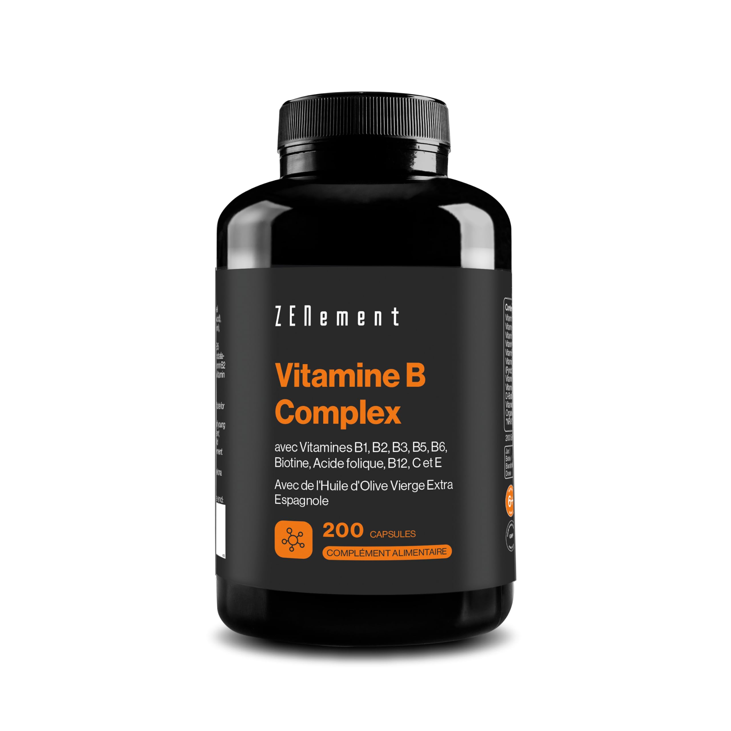 Complexe de Vitamines B - Meilleure Absorption avec de l’Huile d’Olive Vierge Extra Biologique - Avec Vitamines B1, B2, B3, B5, B6, B9, B12, Biotine, C et E - 200 Capsules - Zenement