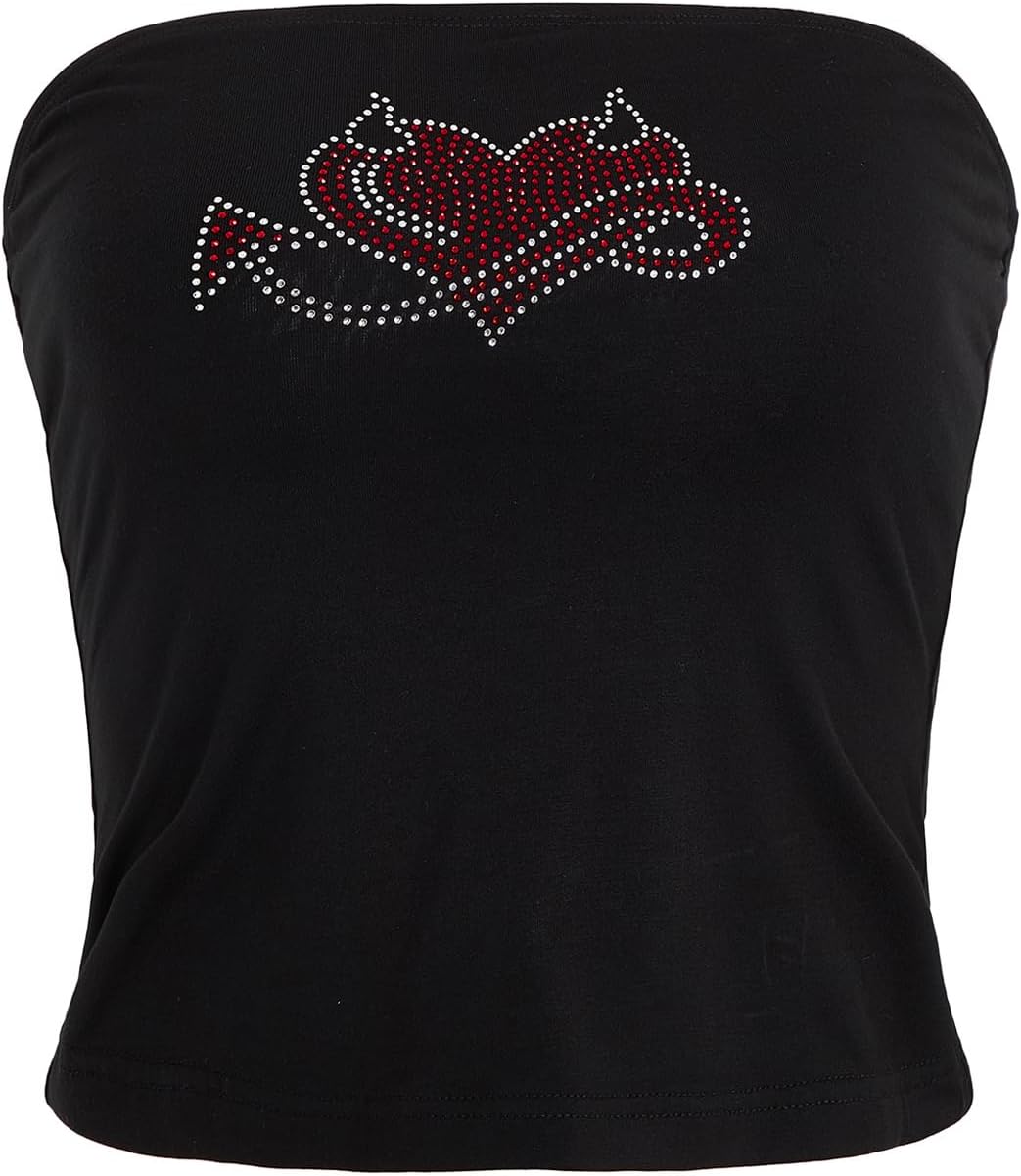 SOLY HUX Women's Rhinestone Cute Print Y2K Crop Tops Sleeveless Strapless Summer Bandeau Tube Top