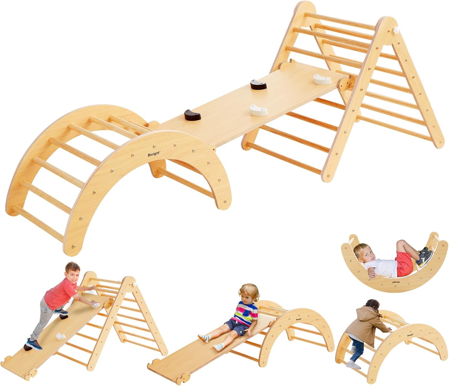 Beright 4 in 1 Pikler Triangle Set Upgraded, Foldable Toddler Climbing Toys Indoor Playground, Montessori Learning Toys, Kids Indoor Gym with with Arch, Ramp, Learning Waldorf Toy, Black&White