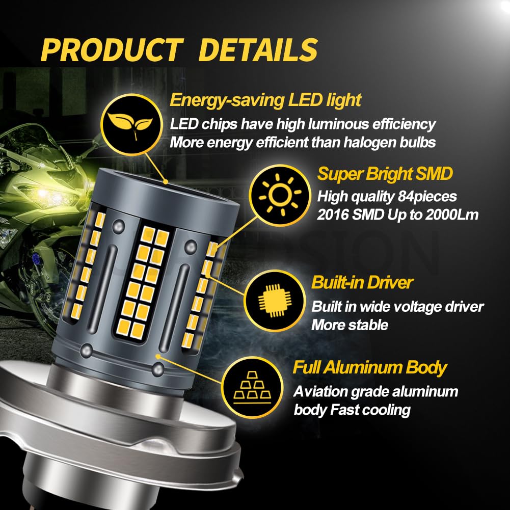 Ruiandsion Bulbe pour Motocyclette LED P45T R2 12V-30V 12V 24V Sans Polarité Super Lumineux 2016 84 Puces SMD Pilote Intégré Bulbe LED Jaune Ambré pour Voiture/Motocyclette Pack de 2