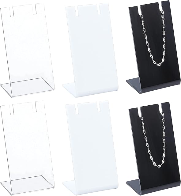 FINGERINSPIRE 6Pcs Acrylic L-shaped Earring Necklace Jewelry Display Stand (3.5x4.5x8.7cm) Table Top Boutique Slant Back Necklace Chain Pendant Display Stand Black & White & Clear