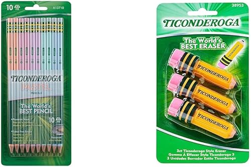 Ticonderoga Lápices pastel, 2 suaves, colores surtidos, paquete de 10 lápices y borradores TICONDEROGA, con forma de lápiz, sin látex, amarillo,