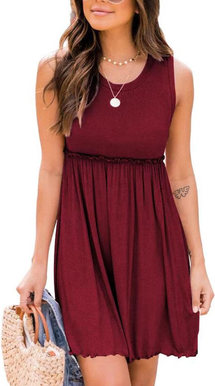 guyueqiqin Women's Summer Casual T Shirt Dress Sleeveless Pleated Tank Dress