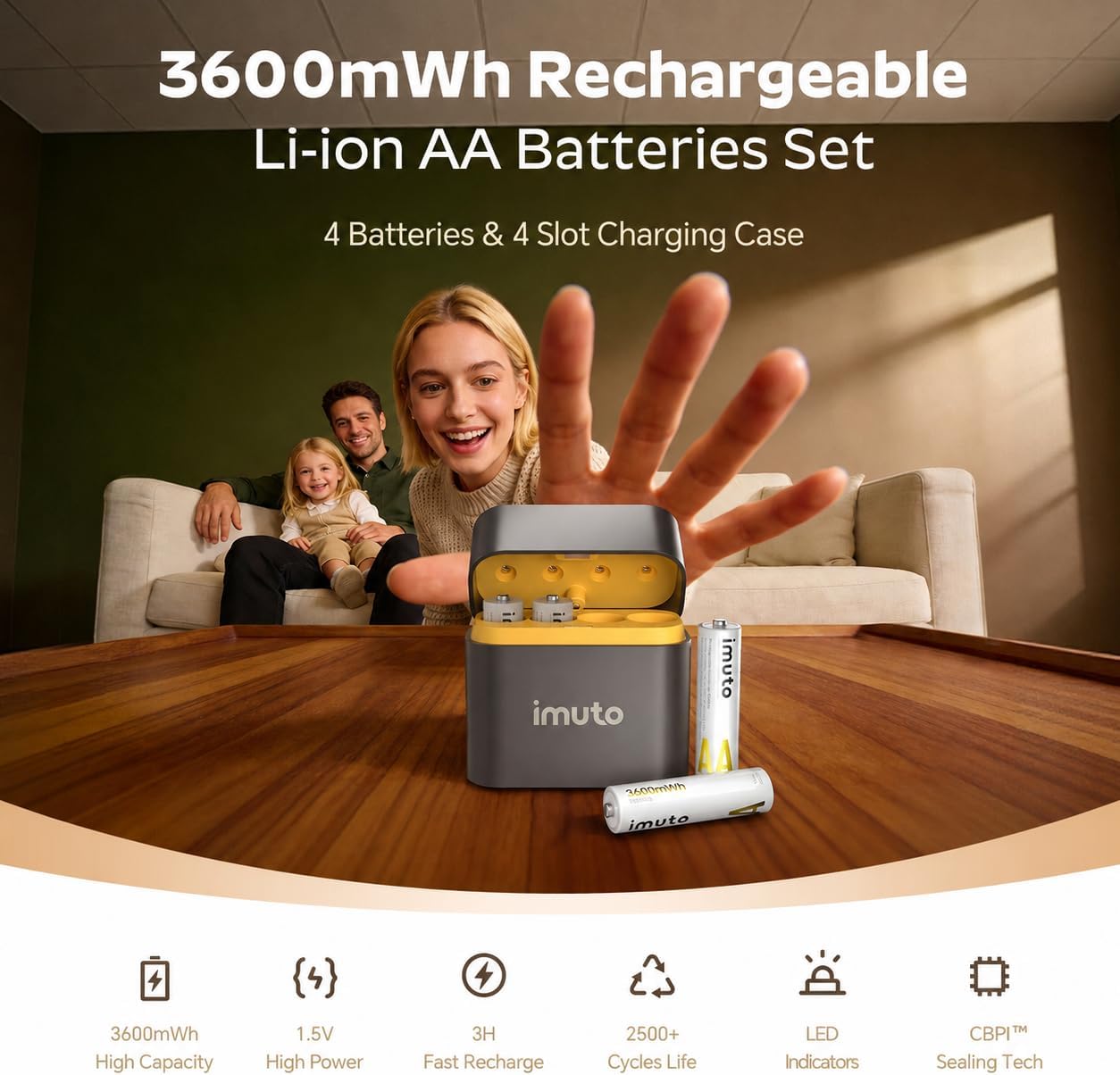 imuto 3600mWh Rechargeable AA Lithium Batteries 12-Pack with 4-Slot Charging Case,1.5V High Power, 2500 Cycles, CBPI Sealing Tech, High-Capacity Li-ion Cells for Game Controllers, Smart Locks, Cameras image 2