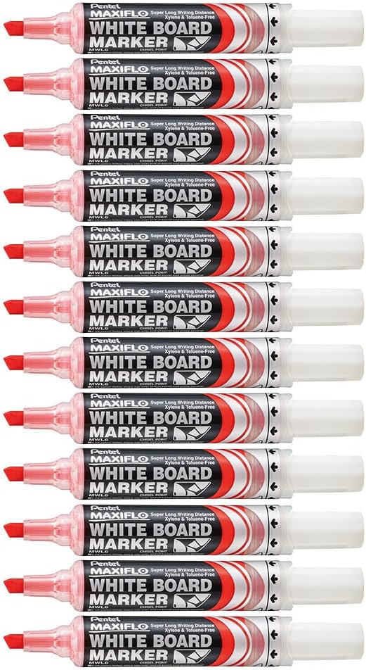 Pentel Maxiflo Dry Wipe Chisel Tip Marker - Red (Pack of 12)