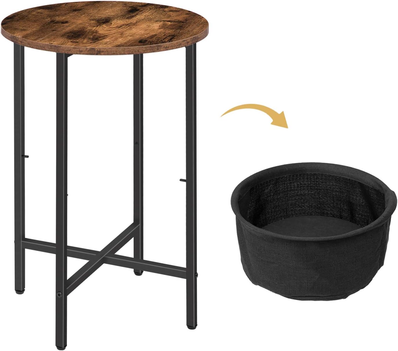 HOOBRO Round Side Table with Removable and Washable Storage Basket, Industrial End Table, Wood Look Accent Nightstand for Small Spaces, Living Room and Bedroom, Easy Assembly, Rustic Brown BF63BZ01