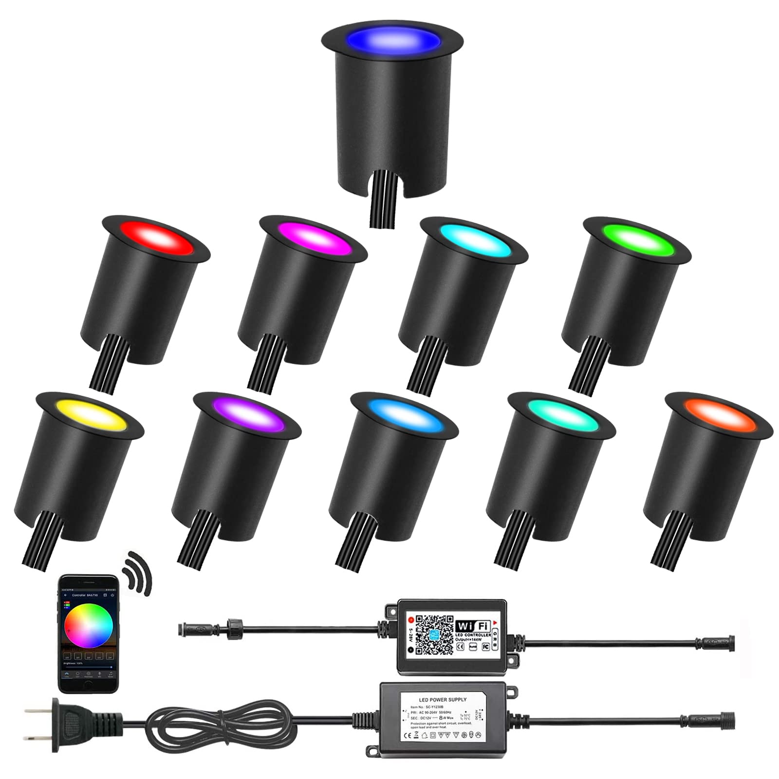 Smart LED Deck Lights Kit WiFi Controlled Color Changeable,Φ1.38“Outdoor IP67 Waterproof Low Voltage Step Lights with Protecting Shell,Works with Samrt Phone,Alexa,Google Home(10 Pack,WiFi) RGB-WIFI 10pcs(Black border+embedded parts)