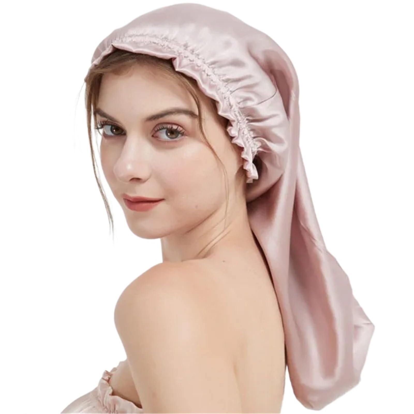 Seiden-Schlafhaube Seidenschlafmütze for langes Haar, Haube mit weichem Gummiband for die Haarpflege von Frauen und verschiedene Haare(Pink)