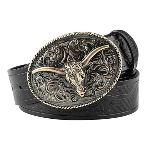 Wrjahcg Unisex Black Western Leather Buckle Belts, Men's Novelty Belt, Floral Engraved Buckle Belt For Men, Cowboy Longhorn Bull Pattern Buckle Belt, For Dress Ripped Jeans,,100Cm/39.4''