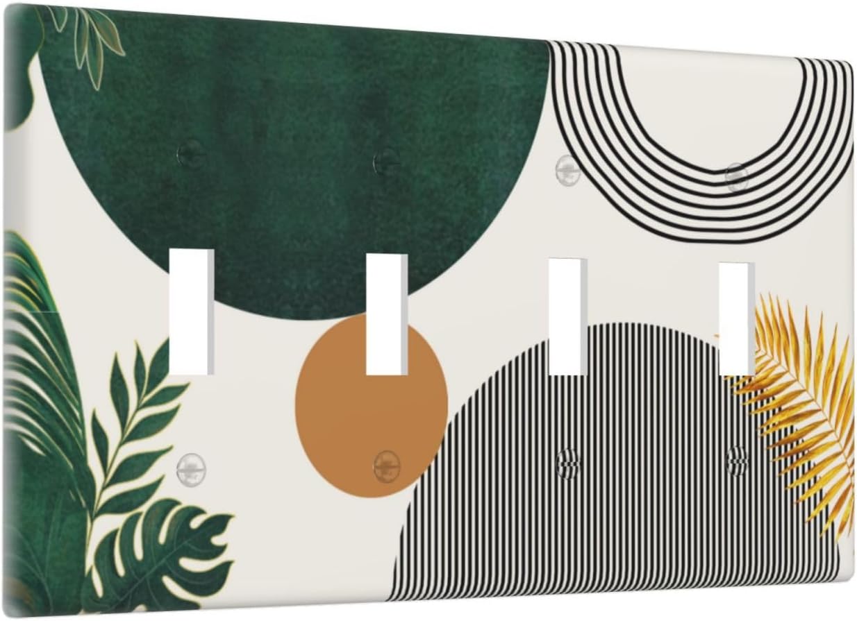Decorative Light Switch Cover Plate Boho Minimalism Green Leaf Mid Sun 4 Gang Wall Plates for Electrical Outlets Quad Toggle Switch Plate Covers Outlet Covers Faceplate for Bedroom Decor