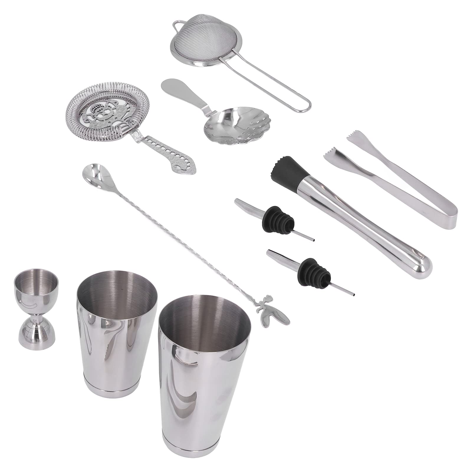 Juego de Coctelera de 11 Piezas, Kit Barra Acero Inoxidable con Herramientas Mezcladoras, Coctelera, Martillo Hielo, Colador, Cuchara para Fiesta Coctelería en Casa (Plata)