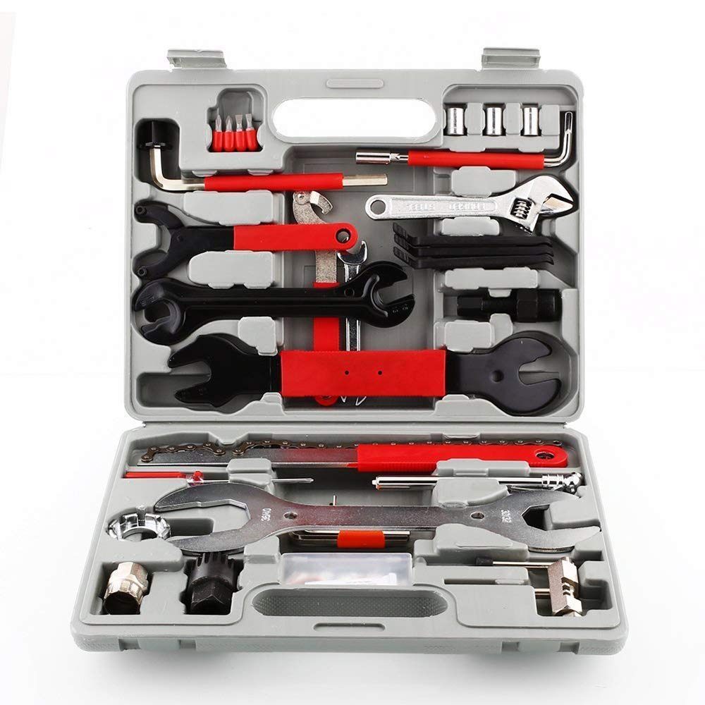 Kit Attrezzi per Riparazione Biciclette con Scatola di Plastica Attrezzi di Riparazione Bici per Tutti i Tipi di Bici Universali 44 Pezzi Attrezzatura da Ciclismo Multifunzionale