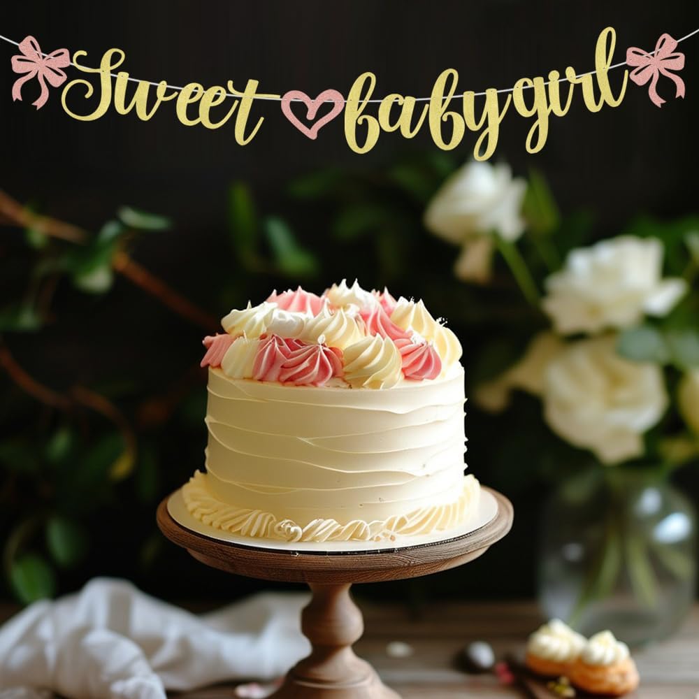 Sweet Baby Girl Banner, Pre-Strung Baby Shower Gender Reveal Party Banner For Girl Baby Shower Decorations First Birthday party supplies Rose Gold Glitter