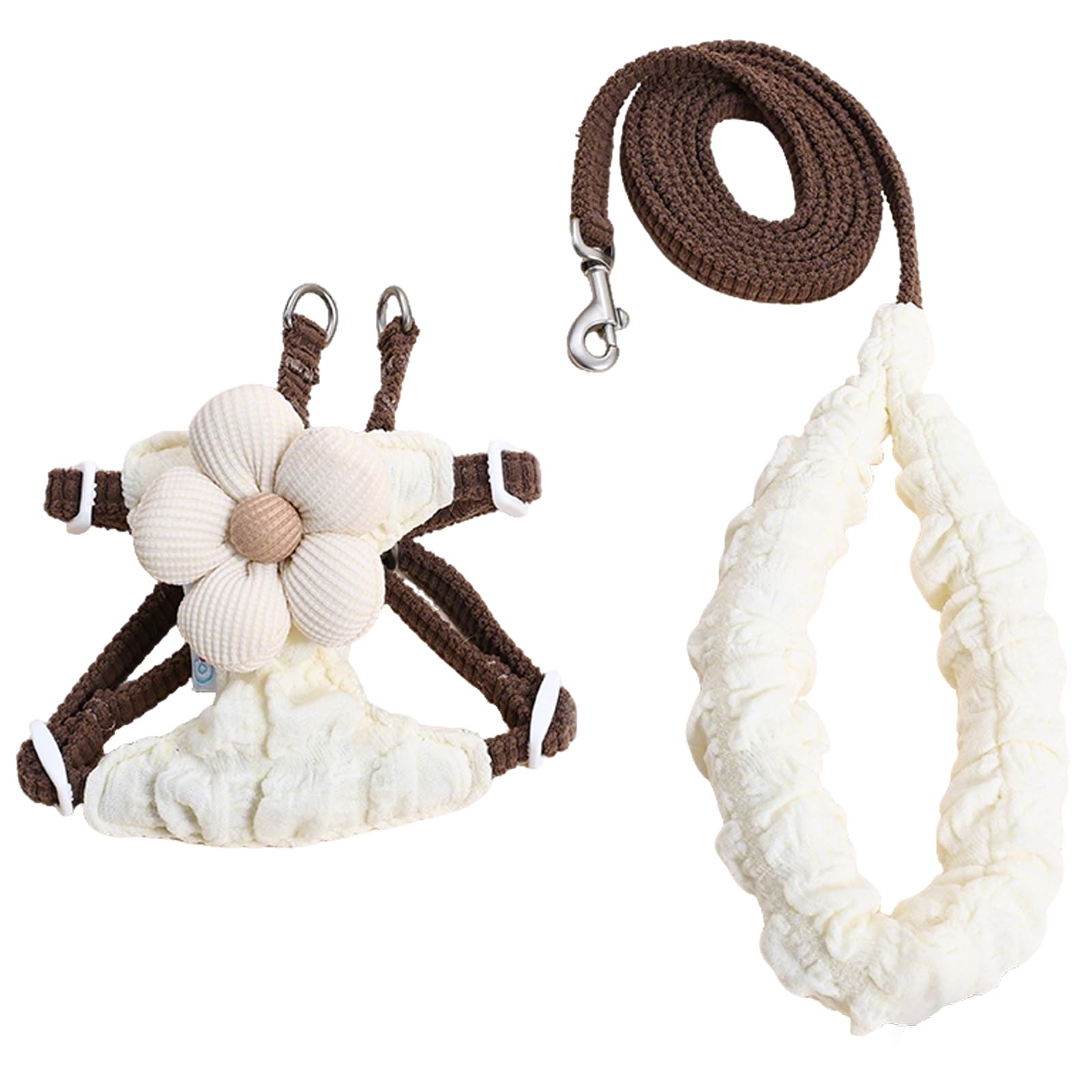 Katzengeschirr und Leine, Set mit Blumenmuster, H-Stil, niedlich, verstellbar, weich, ausbruchsicher, für Spaziergänge, kleine Hunde und Katzen, Beige und Braun