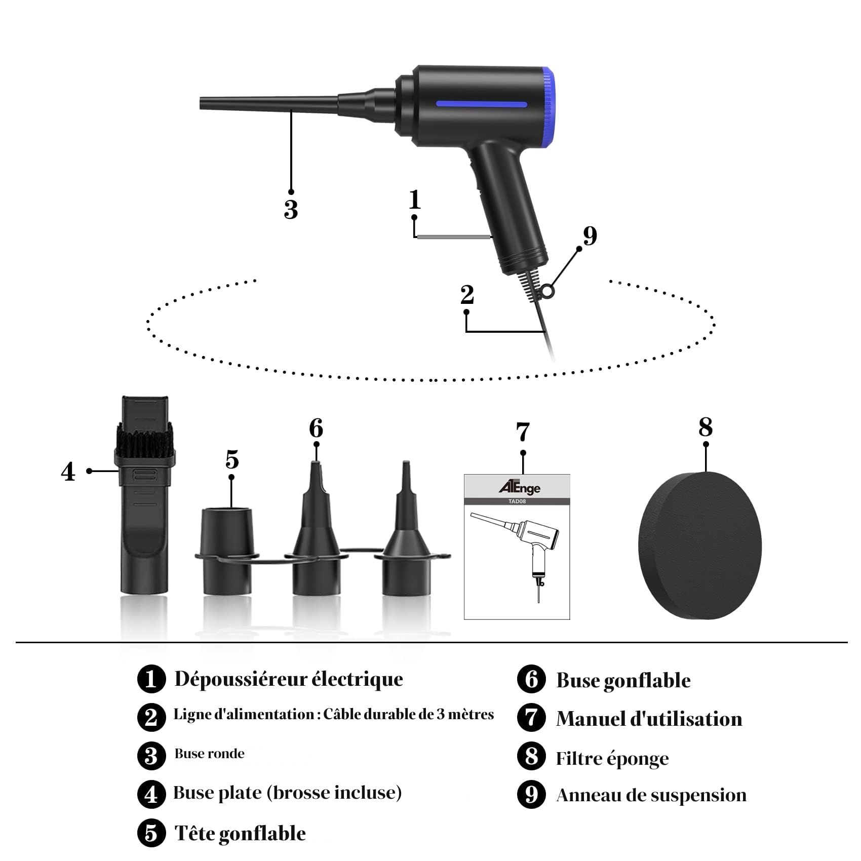 Souffleur Air Comprimé, Dépoussiérant Puissants électrique,Plumeau à air électrique 2 en 1, 2 Vitesses, avec brosse de nettoyage, pour ordinateur, clavier,voiture, maison pour animaux domestiques