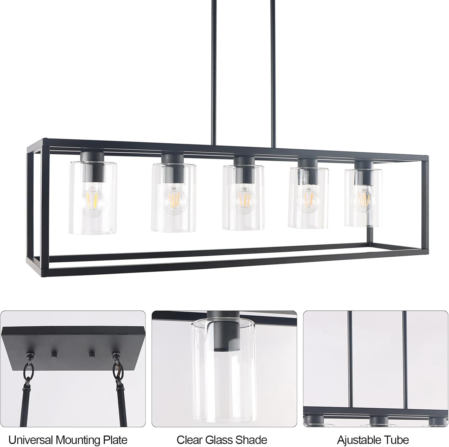 Kalium Chandeliers for Dining Room, 5 Light Dining Room Light Fixture Modern Metal Industrial Kitchen Lighting Fixtures Easy Installation Pendant Lights for Bar Restaurant, Coffee Shop-E26 Base,Black