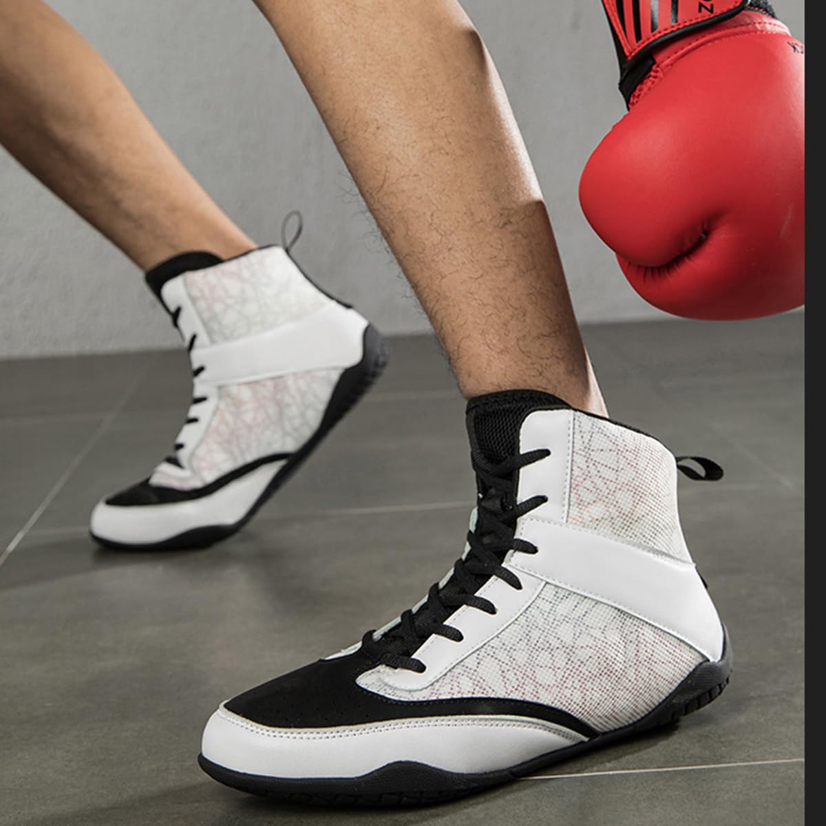 Zapatillas De Boxeo Alto Rendimiento para Hombres Zapatos de Lucha Libre Media Altura con Cordones, Superior de Malla Transpirab, para Entrenamiento Y Competición