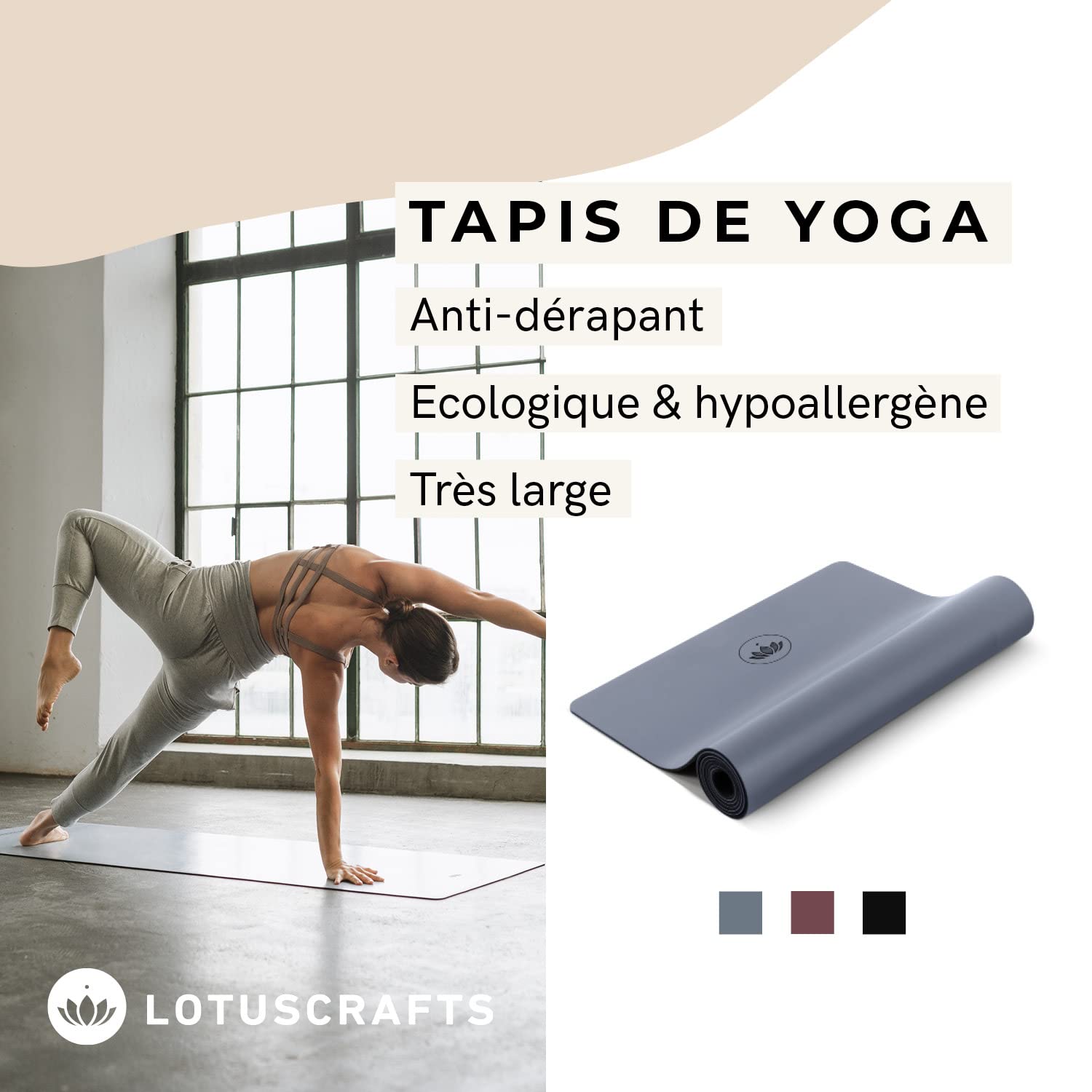 LOTUSCRAFTS Tapis de yoga antidérapant, modèle Pure, idéal pour les styles de yoga dynamiques, fabriqué en caoutchouc naturel, parfait aussi pour le pilates