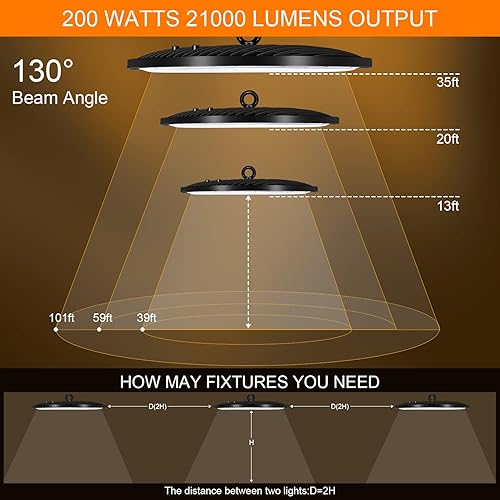 Miniatura 6 de Juyace UFO LED High Bay Shop Light 200W con enchufe de EE. UU., adaptador de corriente duradero con certificación ETL, 5000 K, iluminación comercial