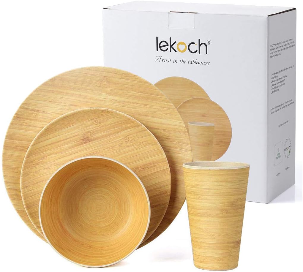 Lekoch Bamboo Dinnerware Set，Tableware 4-Piece(Dinner & Salad Plate Cup Bowl) (1 Guest (Wood Grain))
