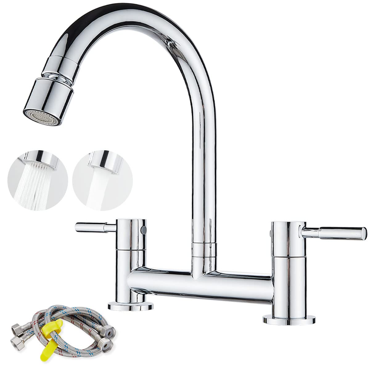 Wiquybml Black Matte Kitchen Sink Mixer Tap 2 Hole Bridge Faucet Deck Mounted With G1/2 Hoses Dual Lever 1/4 Turn 360° Swivel Spout Durable Brass Construction