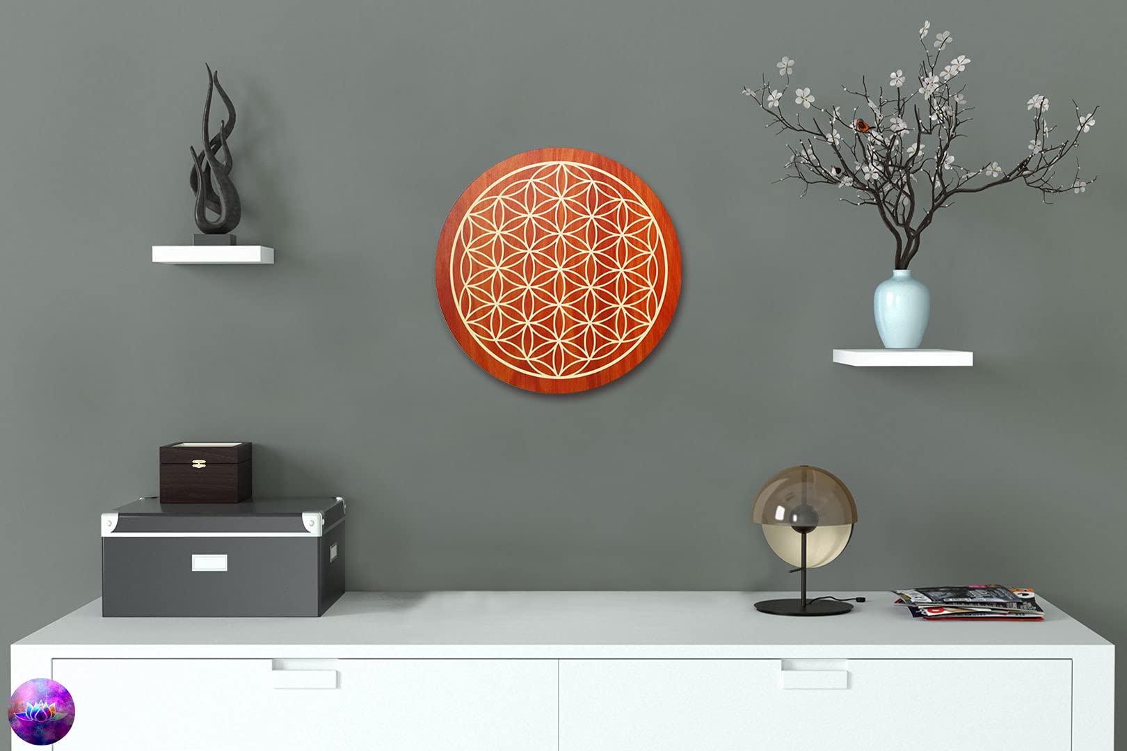 Kunst und Glas® · Obraz drewniany · Kwiat życia · Ø 40 cm · symbol ochrony akcesoria do medytacji joga kwiat życia na naturalnym drewnie · pomysł na prezent urodzinowy · obraz ścienny podziękowanie · dekoracja ścienna salon