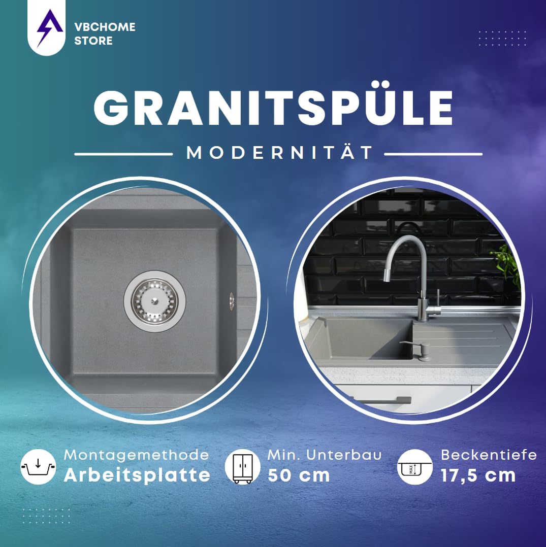 VBChome Fregadero de granito gris con grifería, 70 x 44 cm, fregadero individual, empotrable, moteado, reversible, de granito, sifón, grifo, acero inoxidable, caño extensible