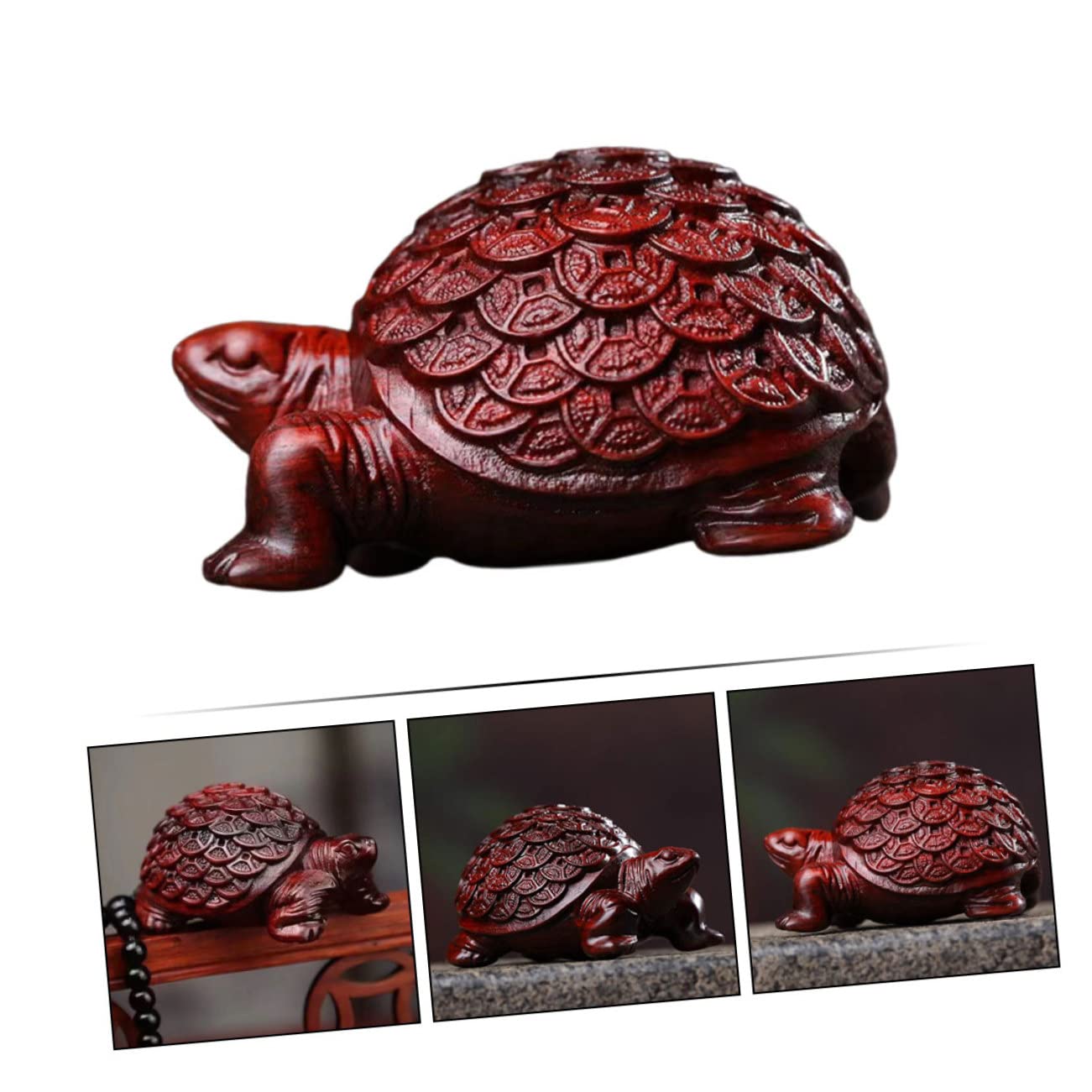 Ubervia® Wood Carving Turtle Ornament Ocean Coastal Decoration Hand Carved Tortoise Wealth Turtle Turtle Statue Yard Statues Desk Topper Money Turtle Wooden Collection 3