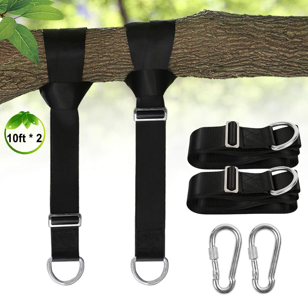Vigorport Camping Hammock Tree Swing Straps Hanging kit Holds 2200 lbs,Adjustable 10ft x 2 Extra Long Strap with 2 Heavy Duty Safety Lock Carabiner Hooks for Kids-2 Pack(Black)