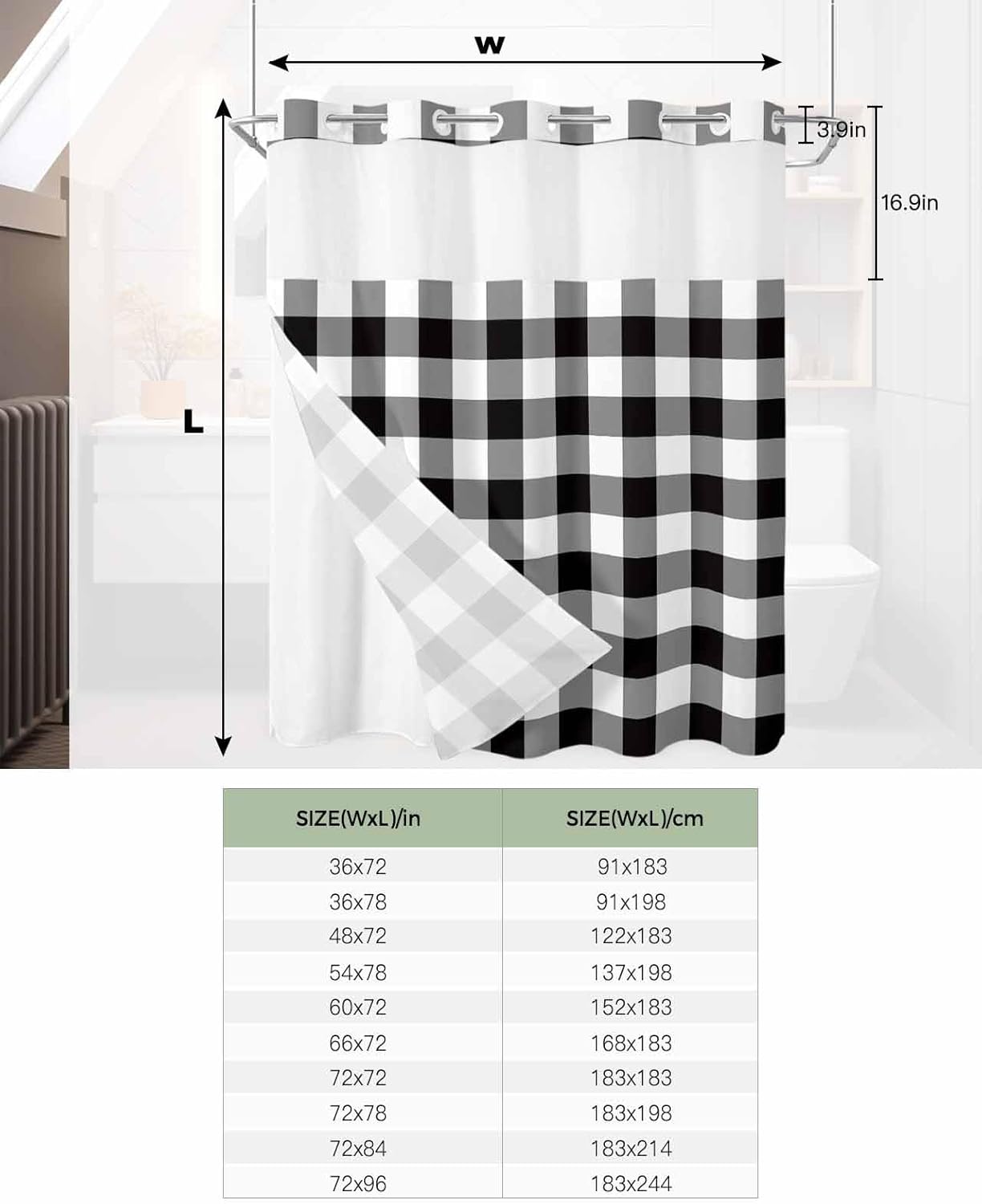 No Hook Shower Curtain with Snap in Liner Set,Modern Minimalist Buffalo Checker Waterproof Fabric Shower Curtains Black and White Lattice Double Layer Bath Curtain for Bathroom,72Wx72L