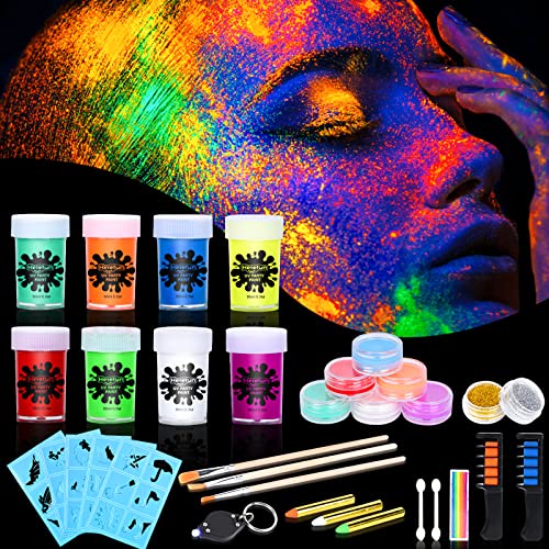 Herefun 8 Peinture Corporelle-Kit, UV Maquillage Coloré Fluo Néon Kit Pour Lumière Noire Fête Halloween Cosplay Maquillage Enfants Peinture pour le Visage