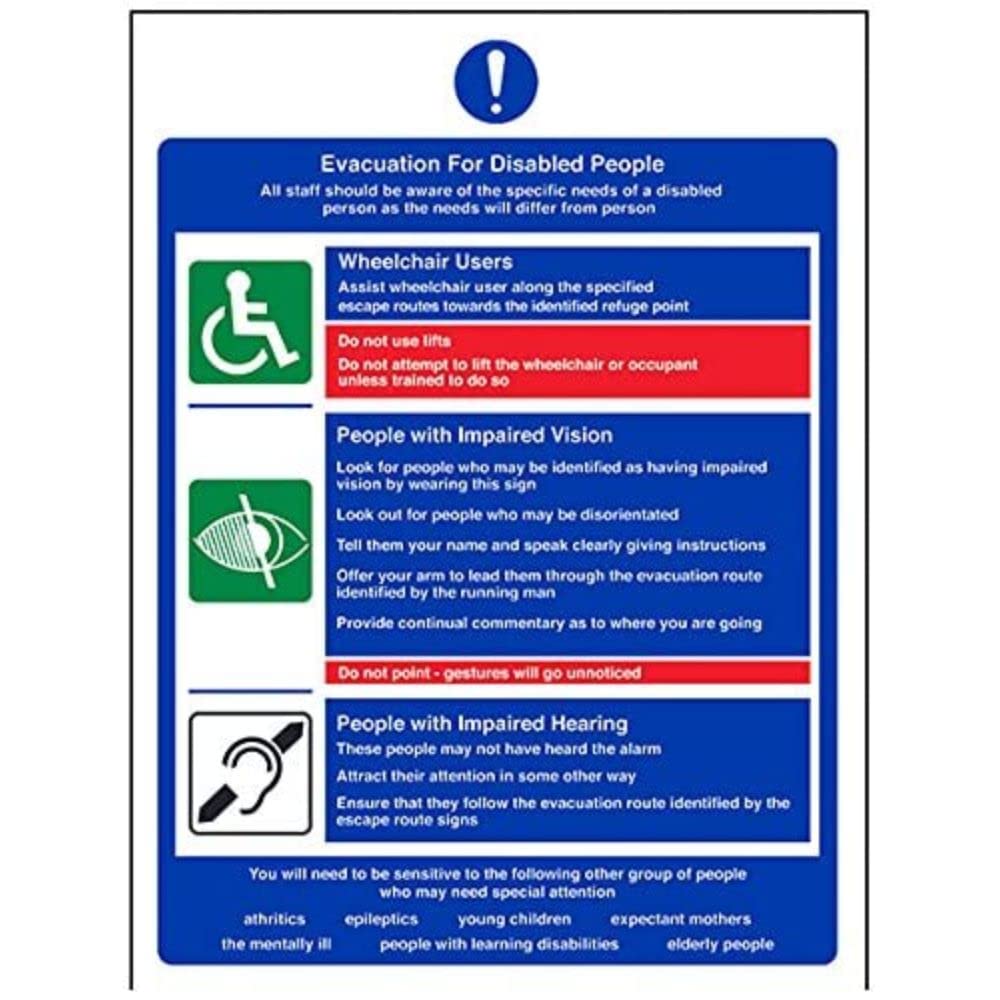 VSafety Evacuation For Disabled People Sign - Portrait - 150mm x 200mm - 1mm Rigid Plastic