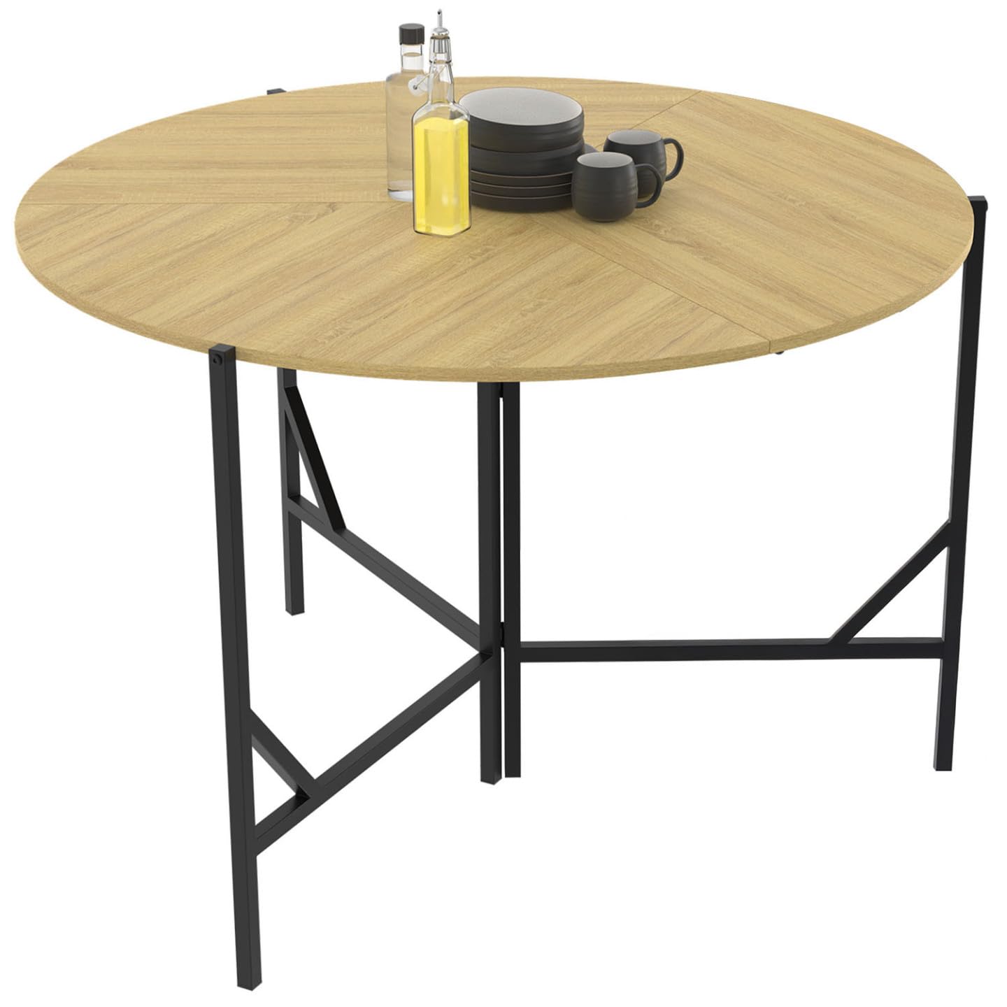 IDMarket - Tavolo da pranzo rotondo pieghevole YAEL per 4 persone, legno e nero, design industriale, 110 cm