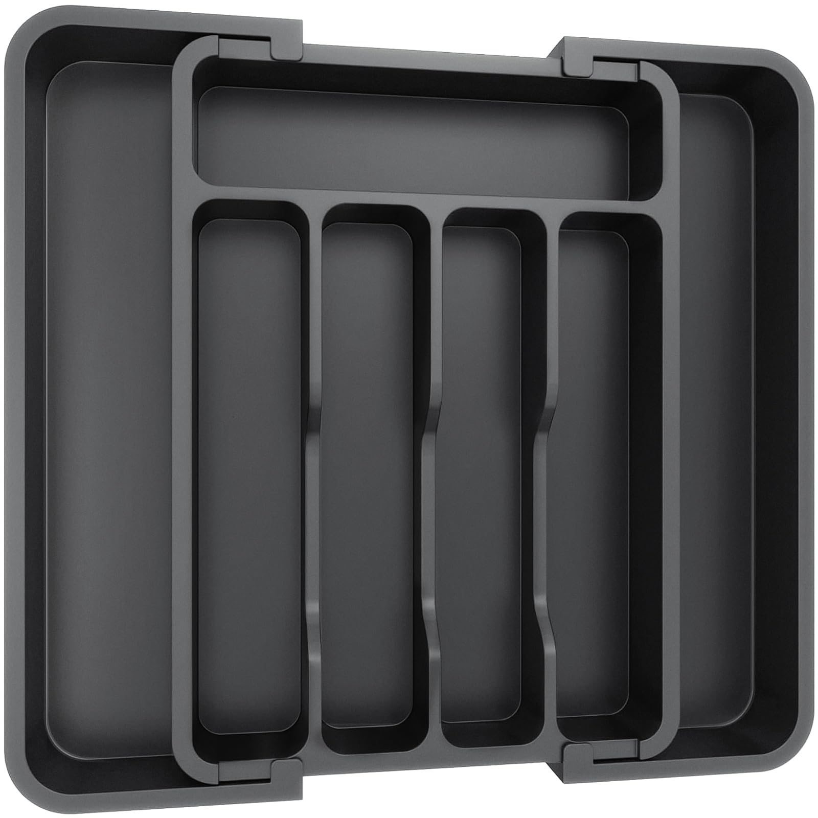Lifewit Cutlery Drawer Organiser, Extendable Cutlery Tray, 7 Compartments, Kitchen Storage Adjustable Dividers Plastic for Utensil Spoons Forks Knives, Small, Black