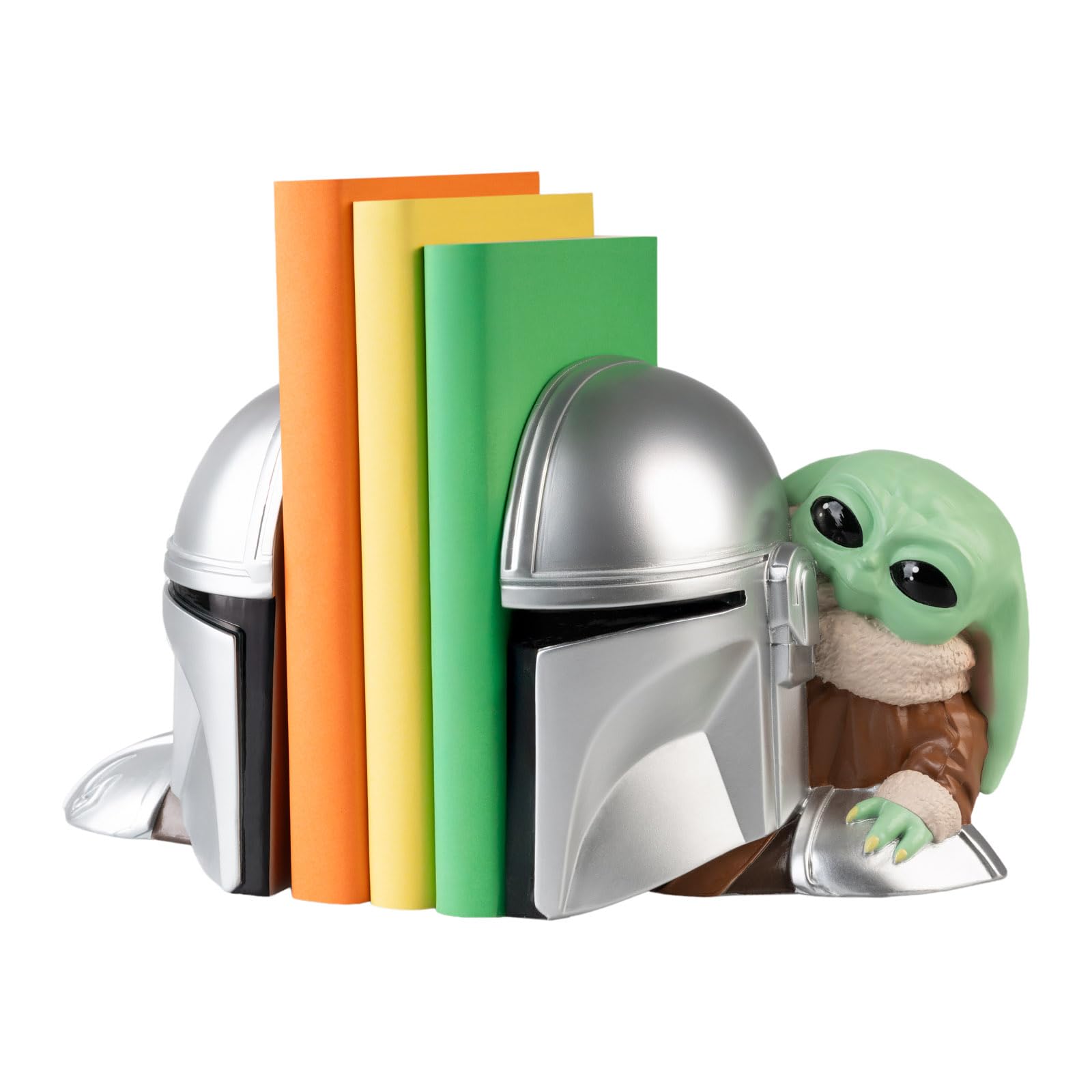 Grupo Erik Bookends - The Mandalorian And Grogu Star Wars Gifts | The Mandalorian Helmet and Baby Yoda Figures, Star Wars Merchandise Book End, Book Ends for Shelves, Room Decor, New Home Gifts