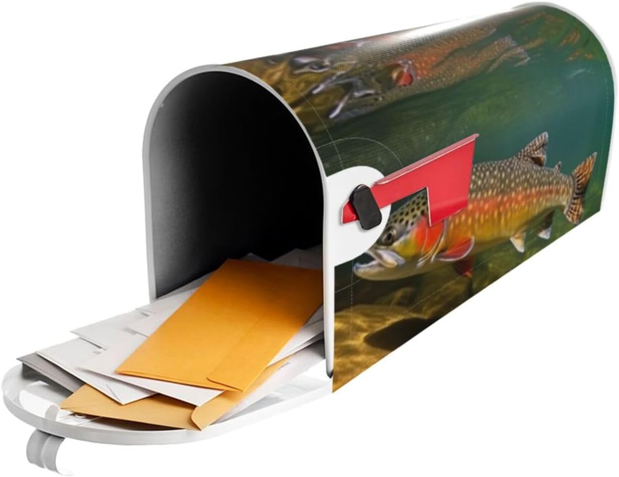Brook Trout Fly Fishing Mailbox Cover Standard Size 25.5x21 in Magnetic Mailbox Wraps Waterproof Post Wraps Letter Box Cover for Garden Home Decorations
